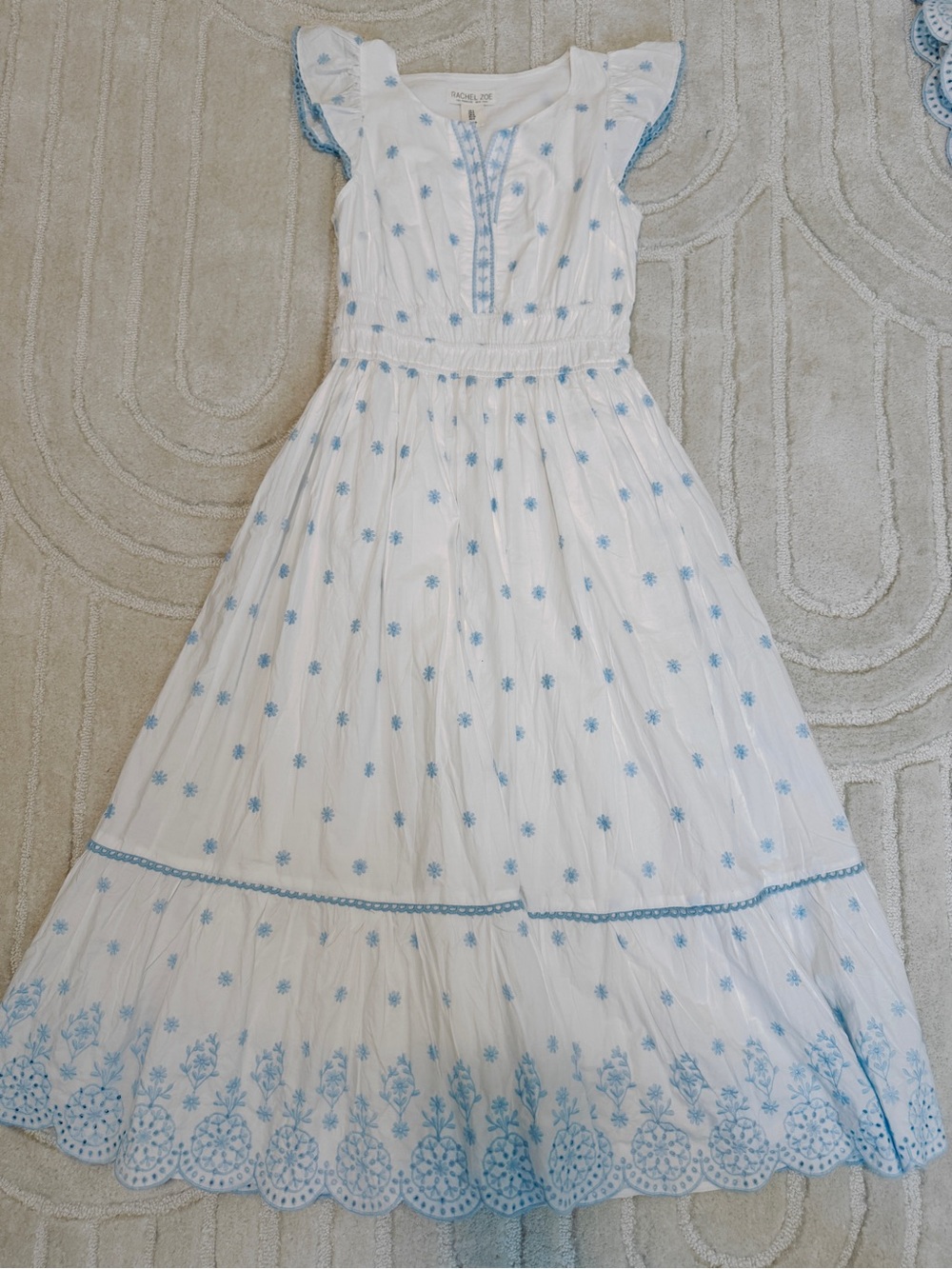 Rachel Zoe White Maxi Dress with Light Blue Embroidery